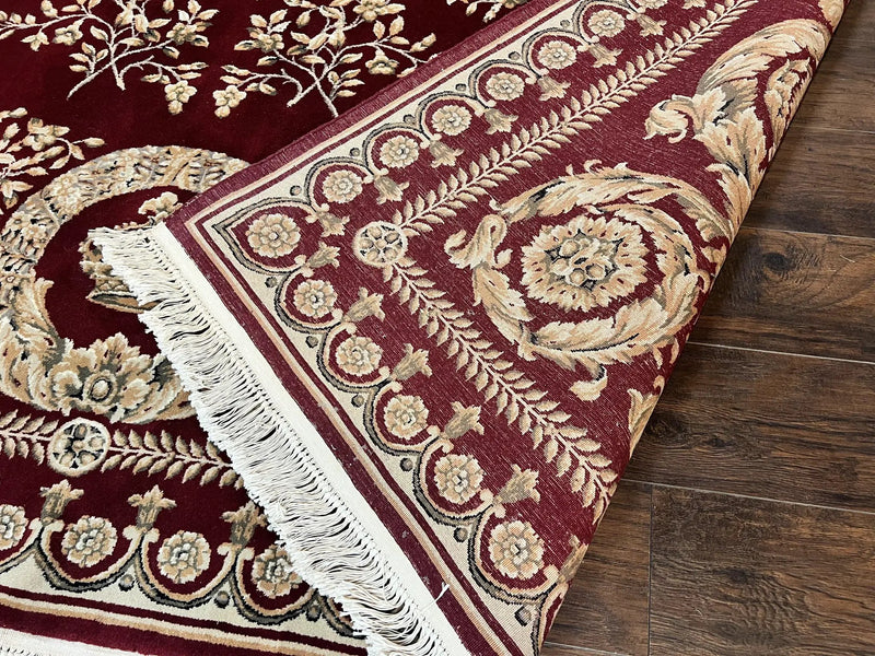 Aubusson Rug 9x12, Wool Handmade Carpet, Elegant French European Design, Dark Maroon Red, 9 x 12 Room Sized Rug, Finely Hand Knotted by Jewel Rugs
