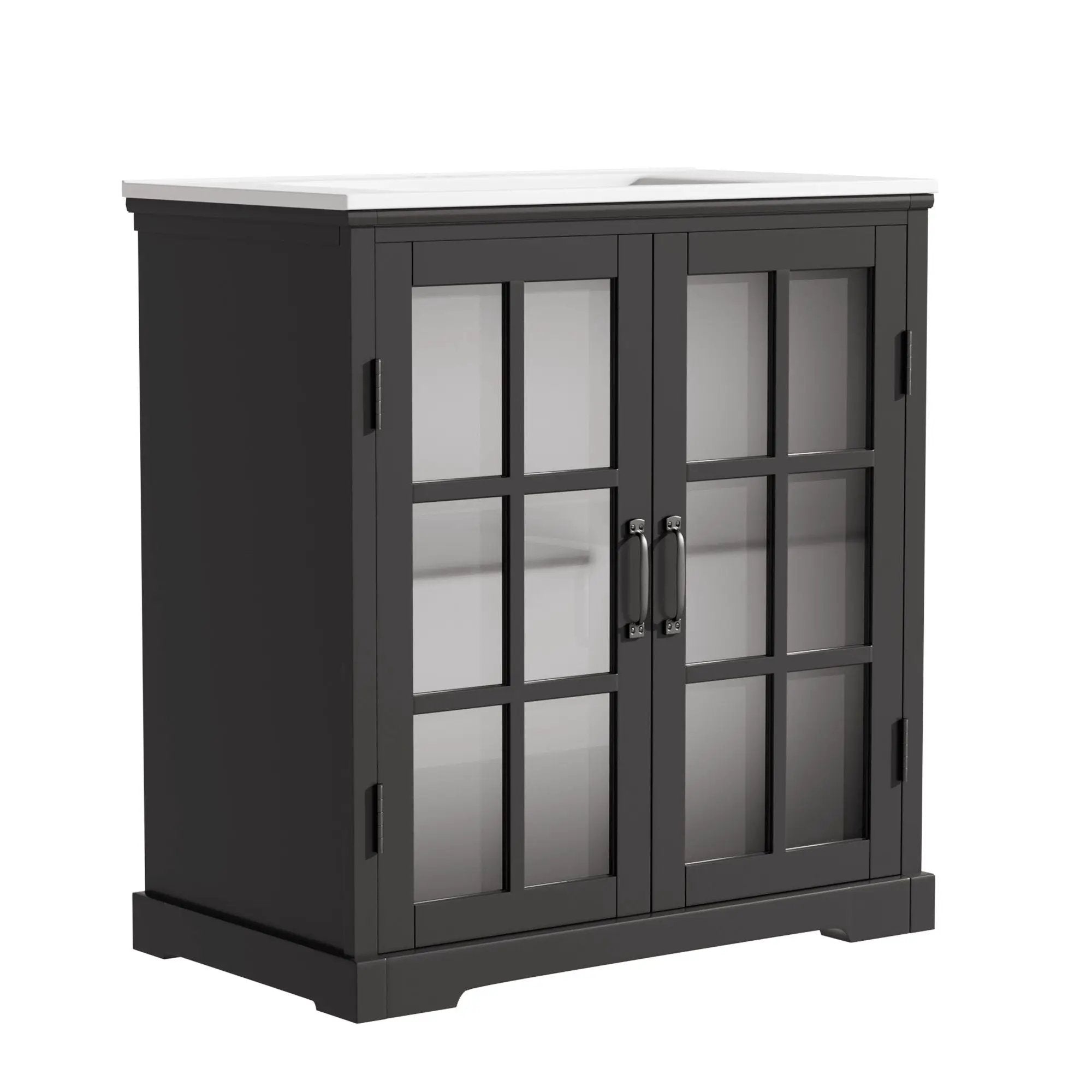 Modern Bathroom Vanity With Ceramic Sink, Tempered Blurred Glass Doors