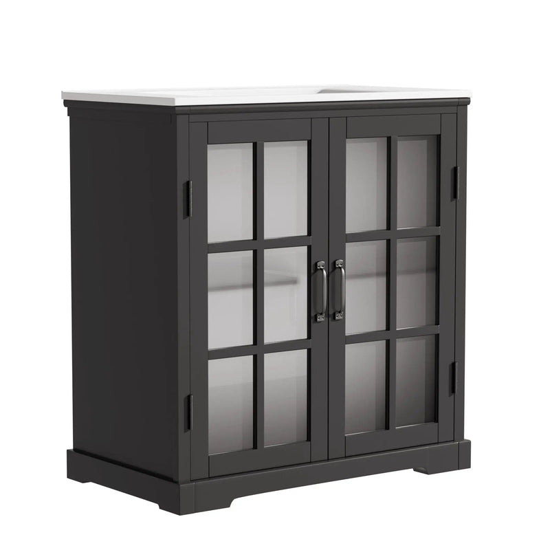 Modern Bathroom Vanity With Ceramic Sink, Tempered Blurred Glass Doors