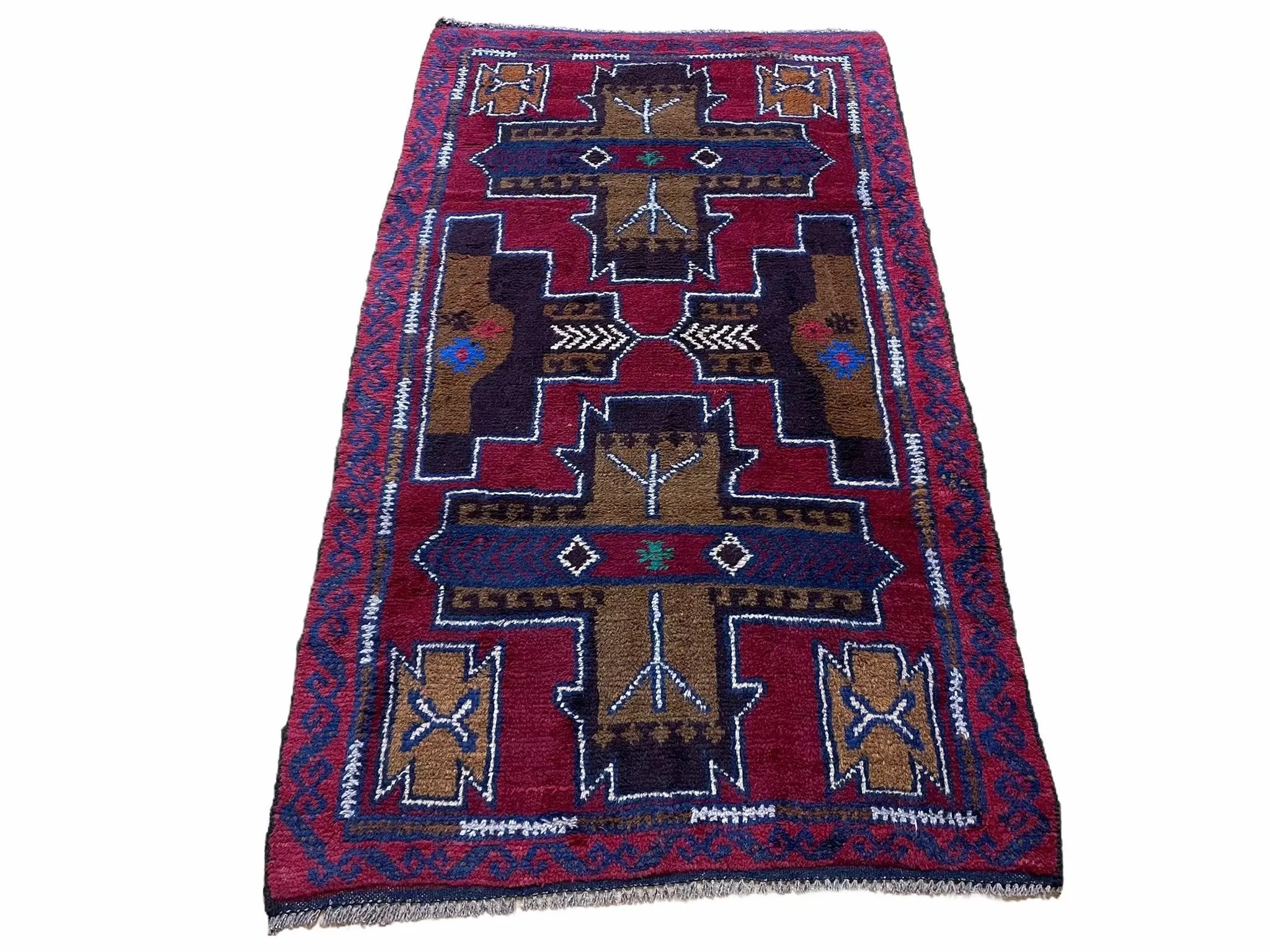 2' 10" X 4' 9" Vintage Handmade Tribal Wool Rug Balouchi Rug Afghan Rug Red Blue by Jewel Rugs