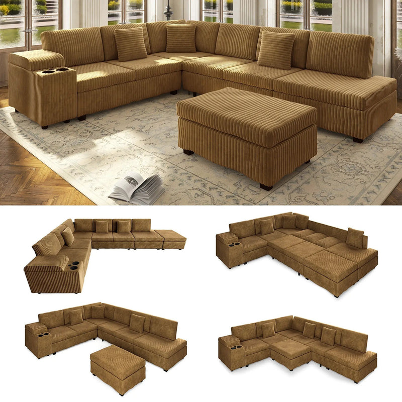 110.2" L-Shaped Sectional Sofa Set with Removable Ottoman in Camel by HouseOfZazla