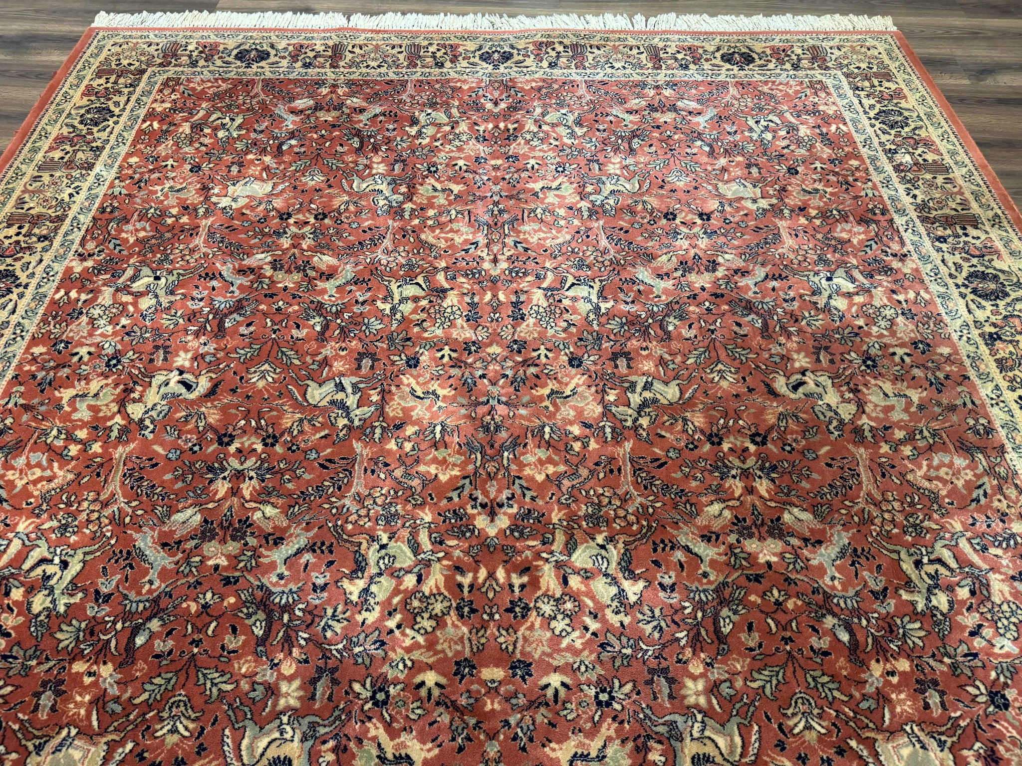 Persian Area Rug 8 x 11.6, Wool, Royal Hunting Scene, Vintage Couristan Rug, Red, Allover Pattern, Belgium Power Loomed by Jewel Rugs