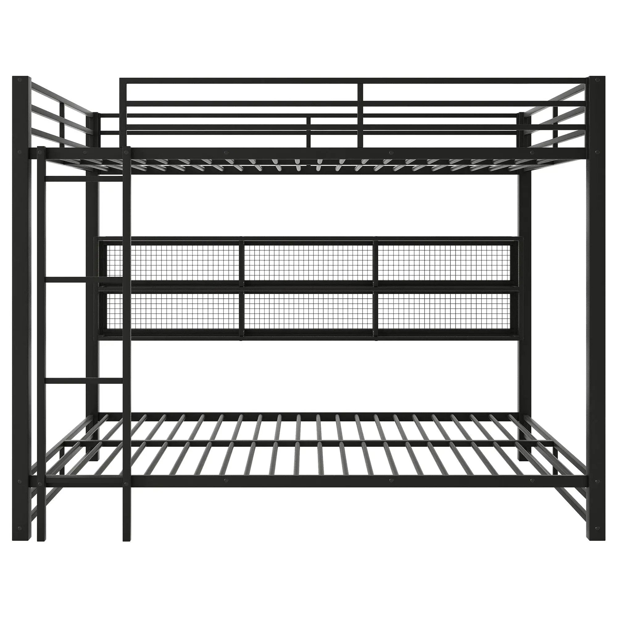 Queen Over Queen Bunk Bed With Storage Cabinets And LED Sturdy Frame, 6 Storage Units, Adjustable LED Lights - Black by HouseOfZazla