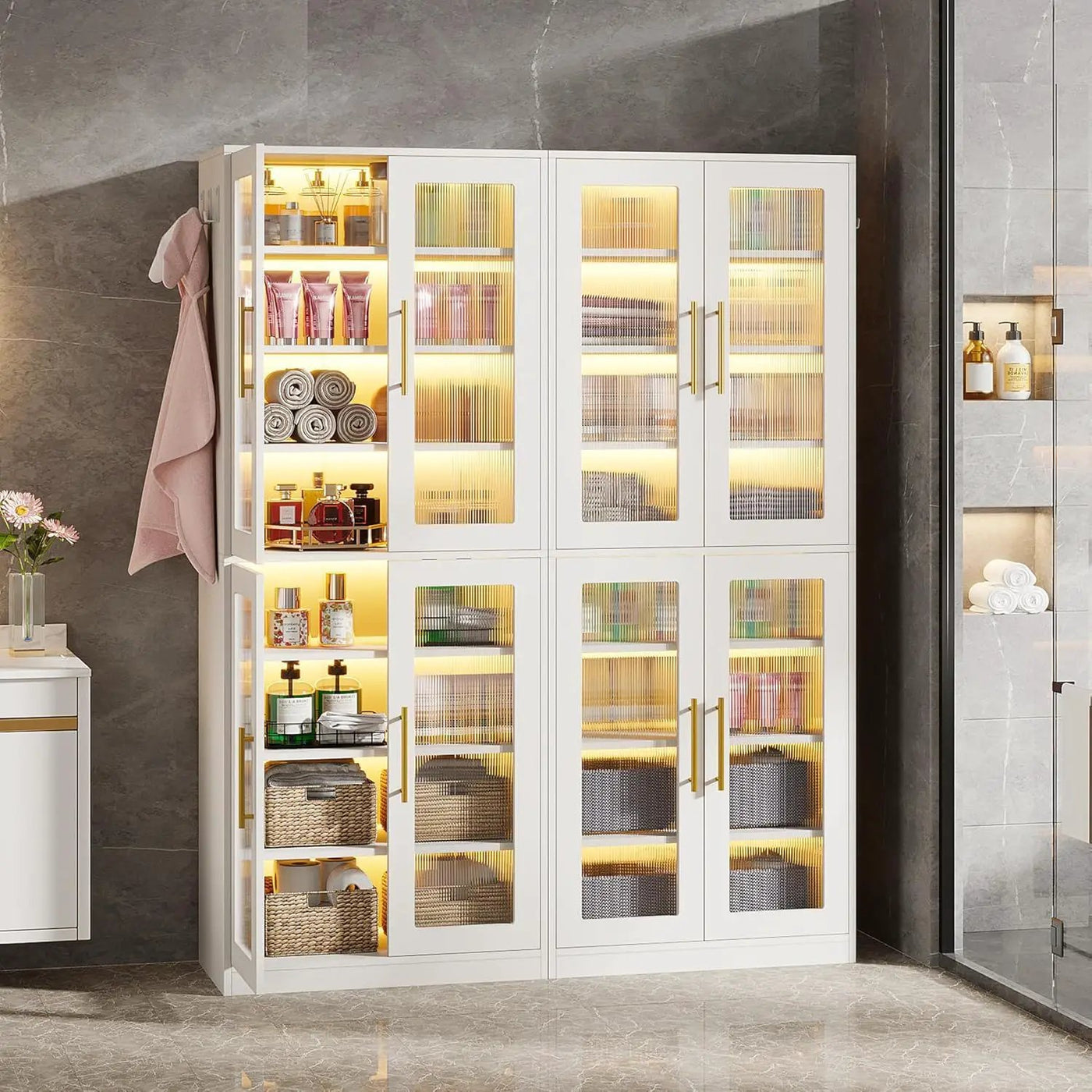 Bookcase With Doors And LED Lighting, 8 Adjustable Shelves Storage Cabinet by HouseOfZazla