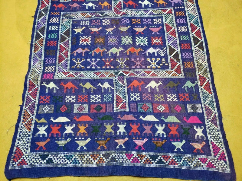 3' X 7' Vintage Handmade Indian Wool Kilim Flat weave Rug Camel Birds Blue Geometric Short Runner by Jewel Rugs
