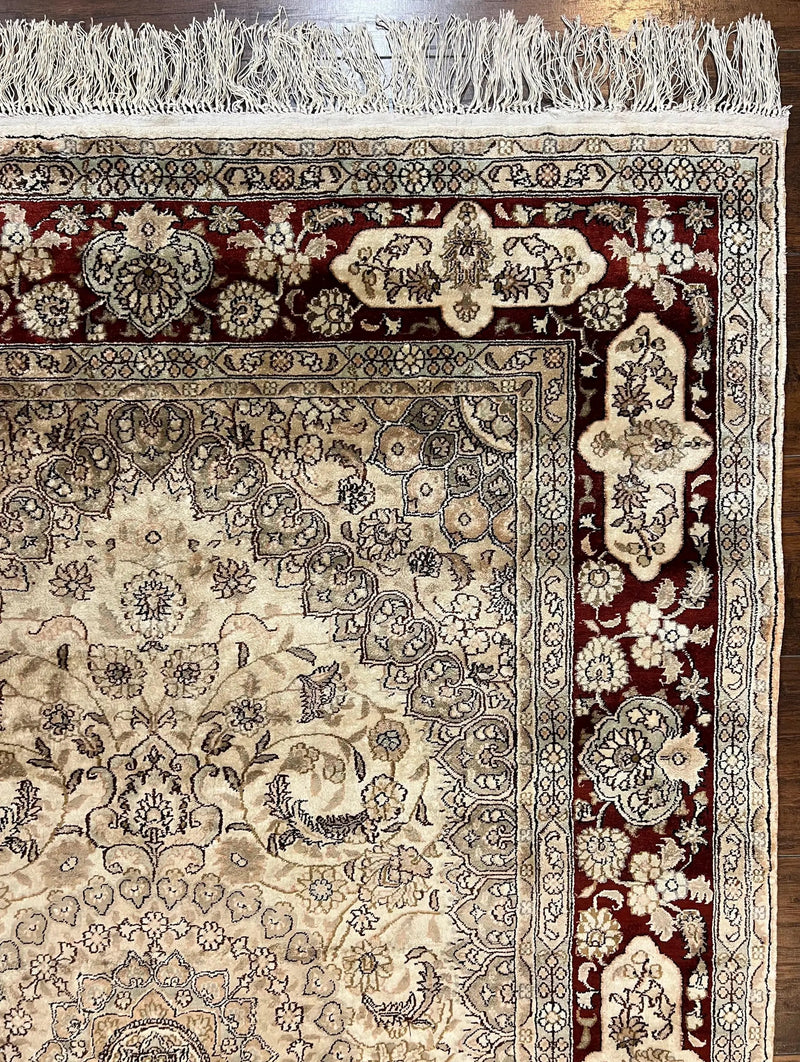 Silk Indian Kashmiri Rug 4x6 ft, Floral Medallion Hand Knotted Handmade Oriental Carpet, Vintage, Cream Burgundy, Very Fine Silk Rug 4 x 6 by Jewel Rugs