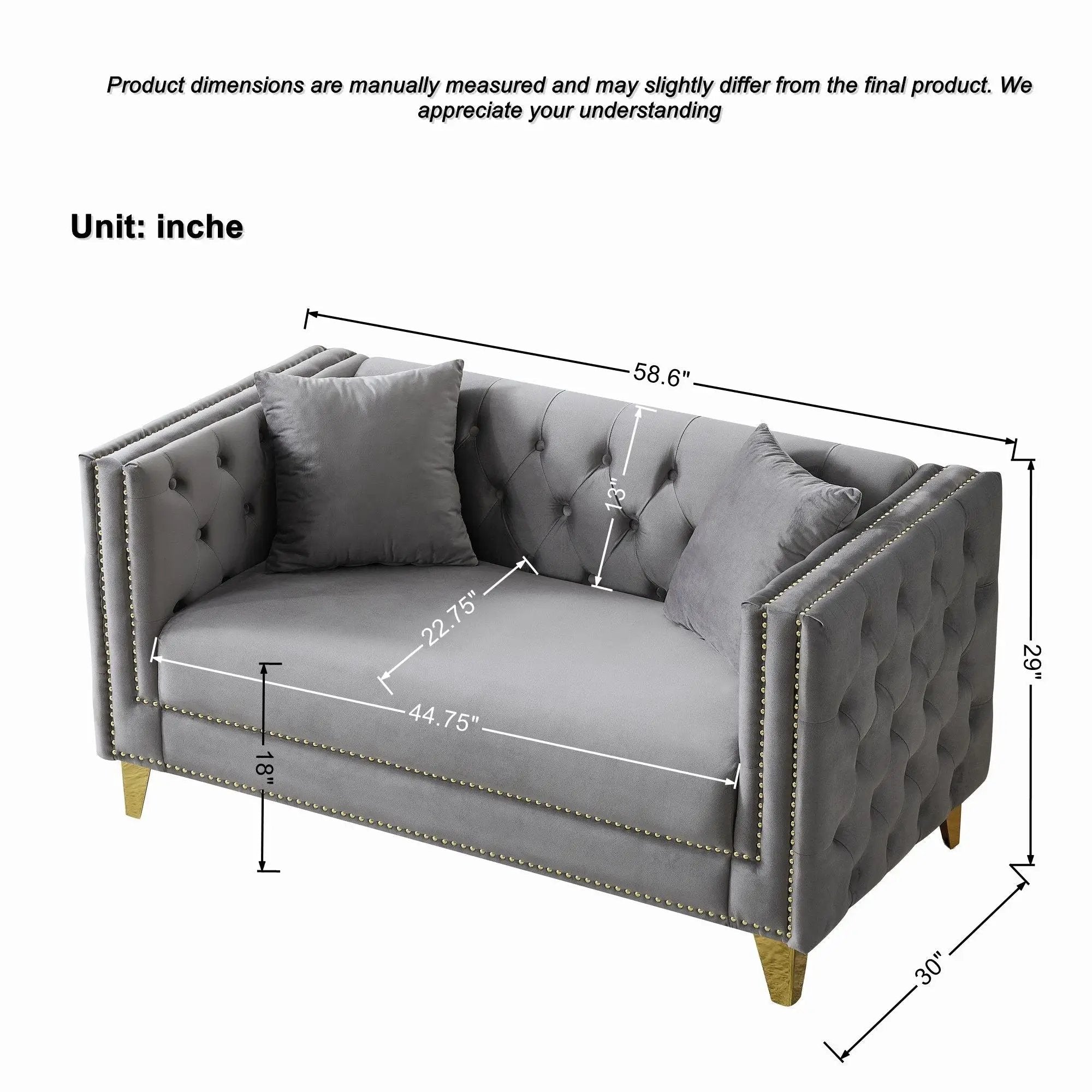 2 Seater Deep Seat Sofa With Button Nailhead, Square Arm by Unique Piece Furniture