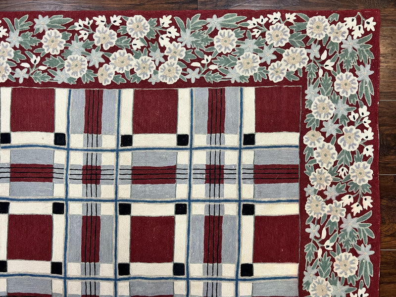 Indian Hand Stitched Rug 4x6, Vintage Carpet, Checkerboard Floral Pattern, Maroon Ivory, Flatweave, Wool by Jewel Rugs