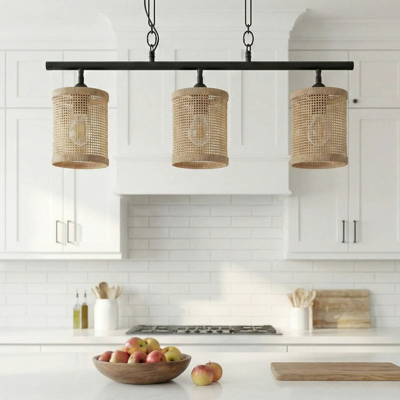 Elysian - 3 Lights Island With Natural Shade Farmhouse Chain Ceiling Lamp - Black / Rattan by Unique Piece Furniture