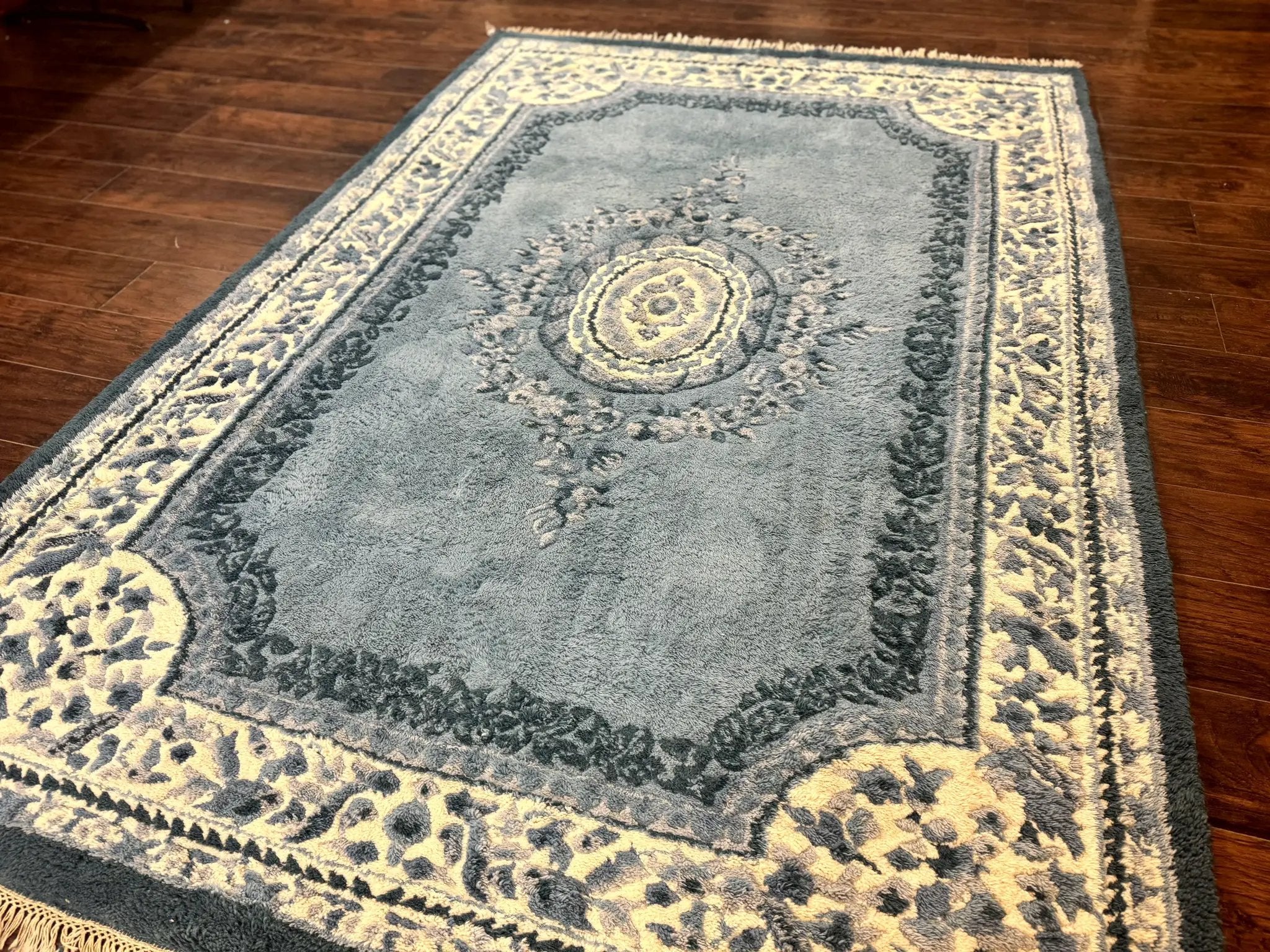 Indo Chinese Aubusson Rug 6x9, Light Blue and Ivory, Handmade Vintage Wool Carpet by Jewel Rugs