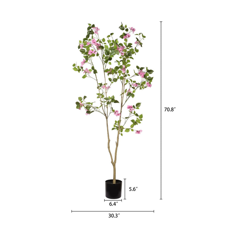 Artificial Bougainvillea Tree With Pot, Realistic Faux Flowering Plant Leaves And Blooms, Decor For Home Office - Green Leaves / Pink by Unique Piece Furniture