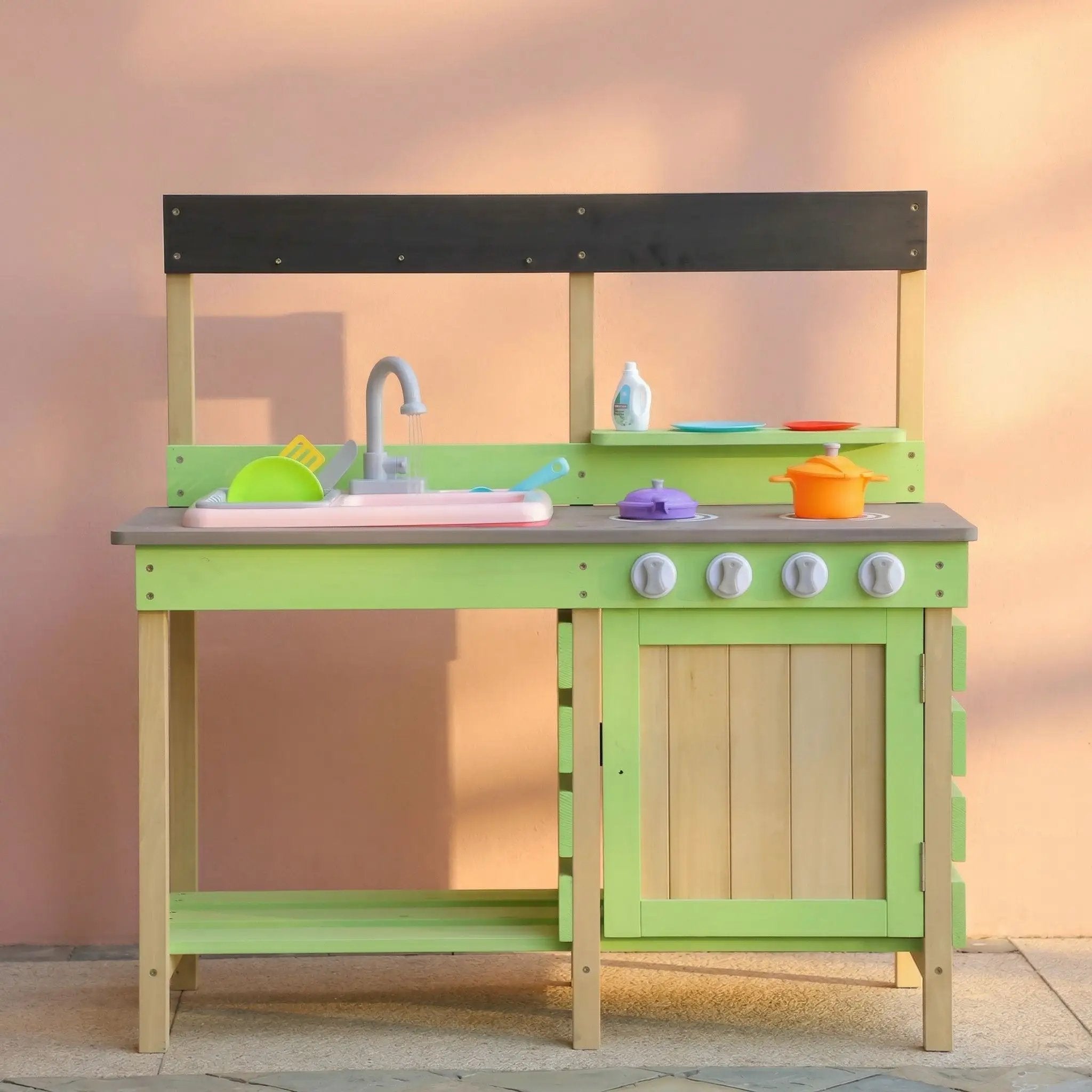 Kids Play Kitchen With Mud Kitchen Set & Water Play Toys For Outdoor Use - Green by HouseOfZazla