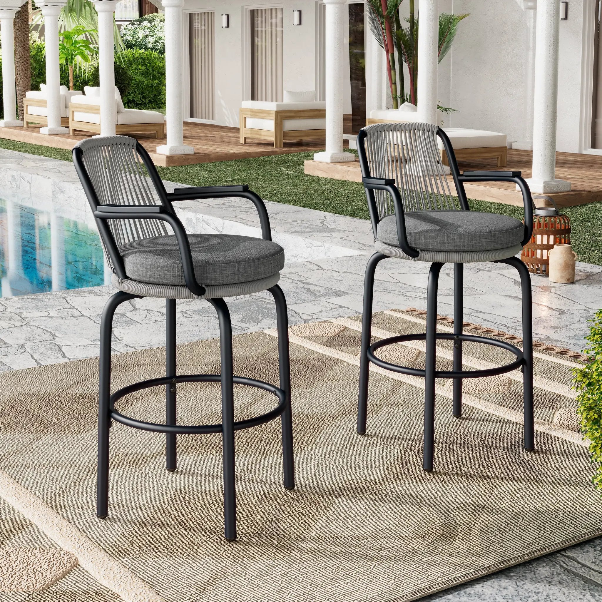Outdoor Patio Bar Stools 29"H Set of 2, Modern Woven Rattan Rope Bar Height Chair by HouseOfZazla
