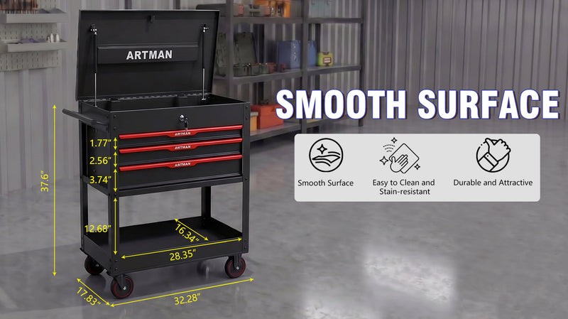 3 Drawers Multifunctional Tool Cart with Wheels and Steel Top - Black & Red by HouseOfZazla