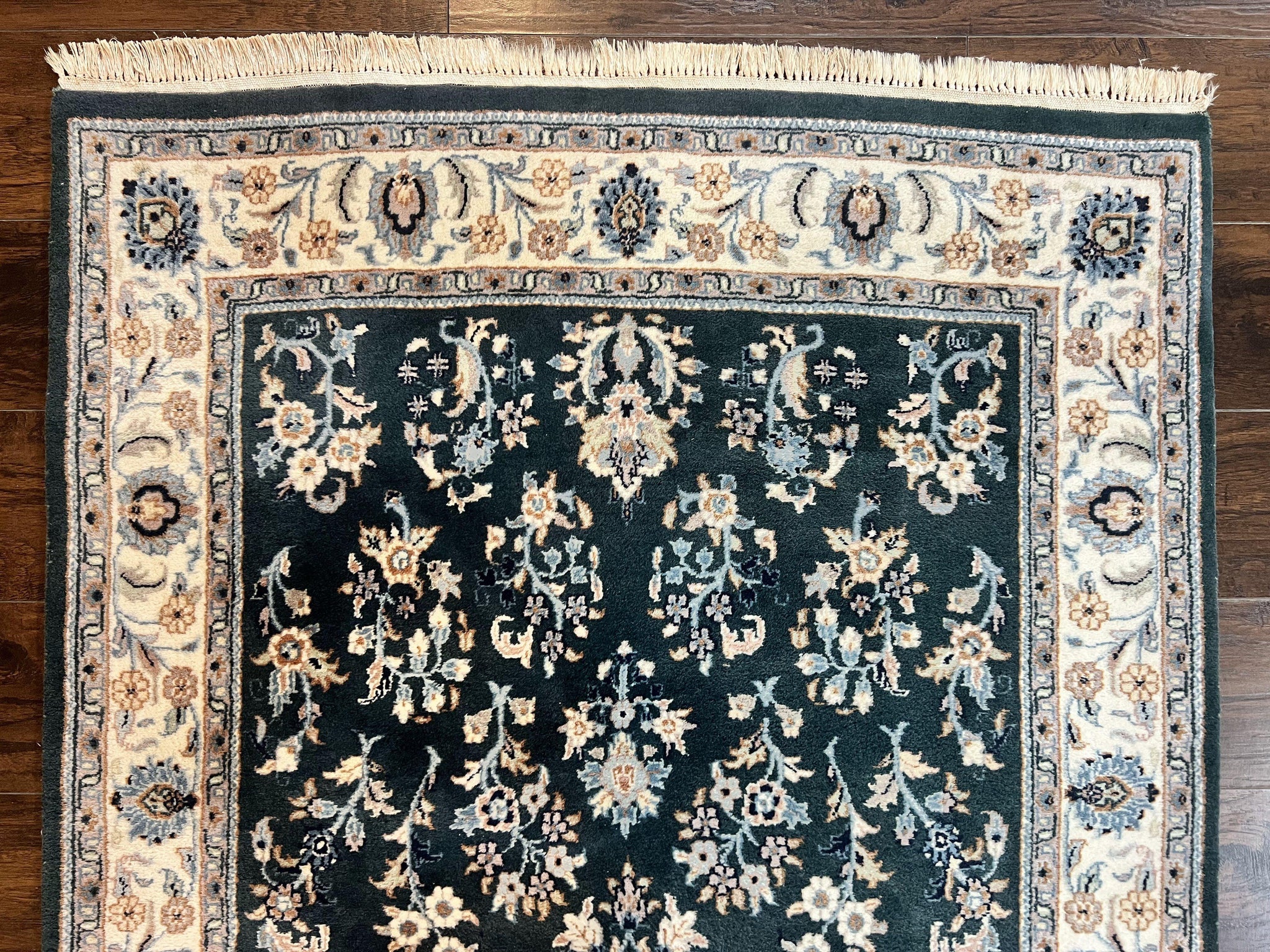Green Indo Persian Rug 4x6, Floral Allover, Handmade Vintage Oriental Carpet, Sarouk Rug, Wool by Jewel Rugs