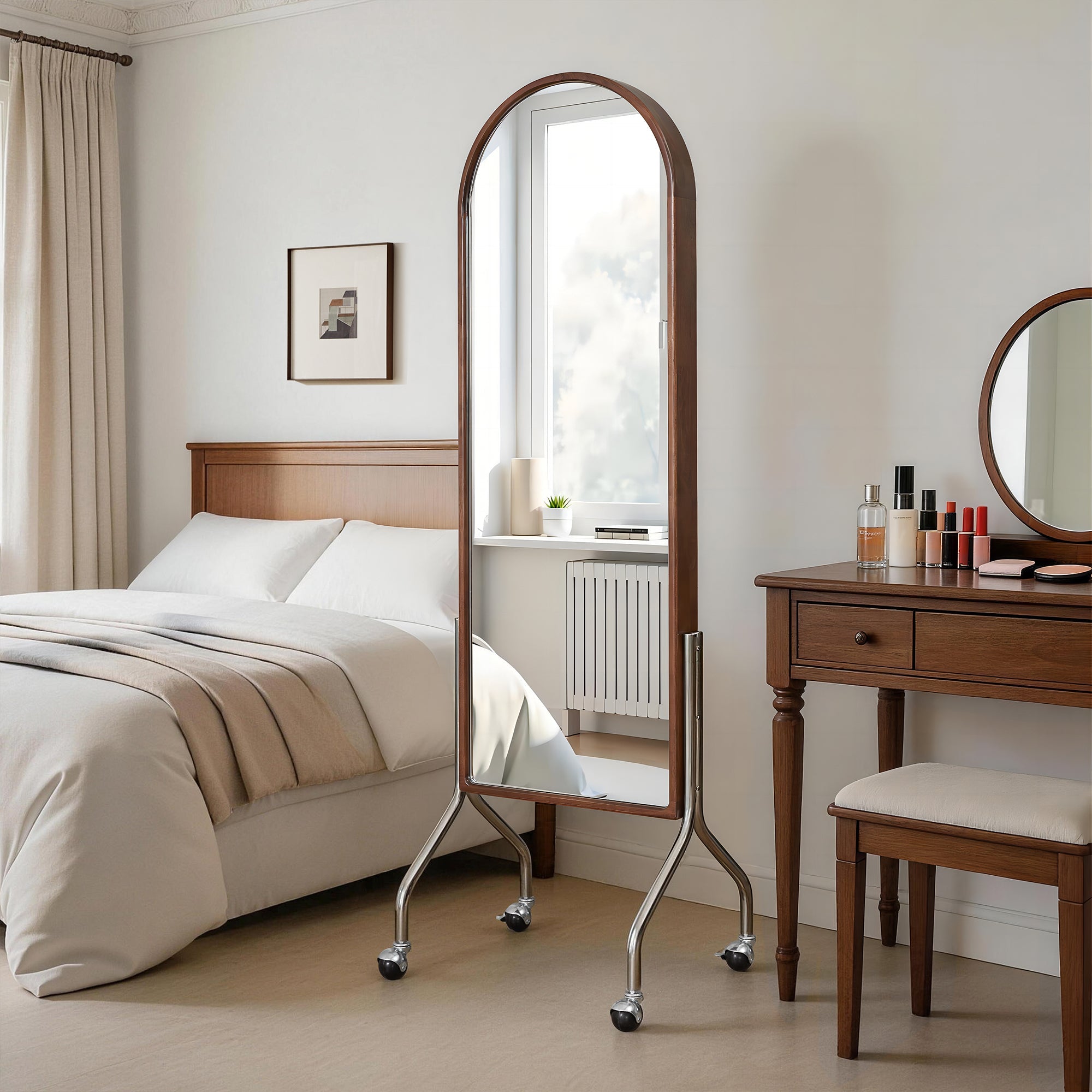 Arched Full Length Mirror with Storage Shelves & Wheels by HouseOfZazla