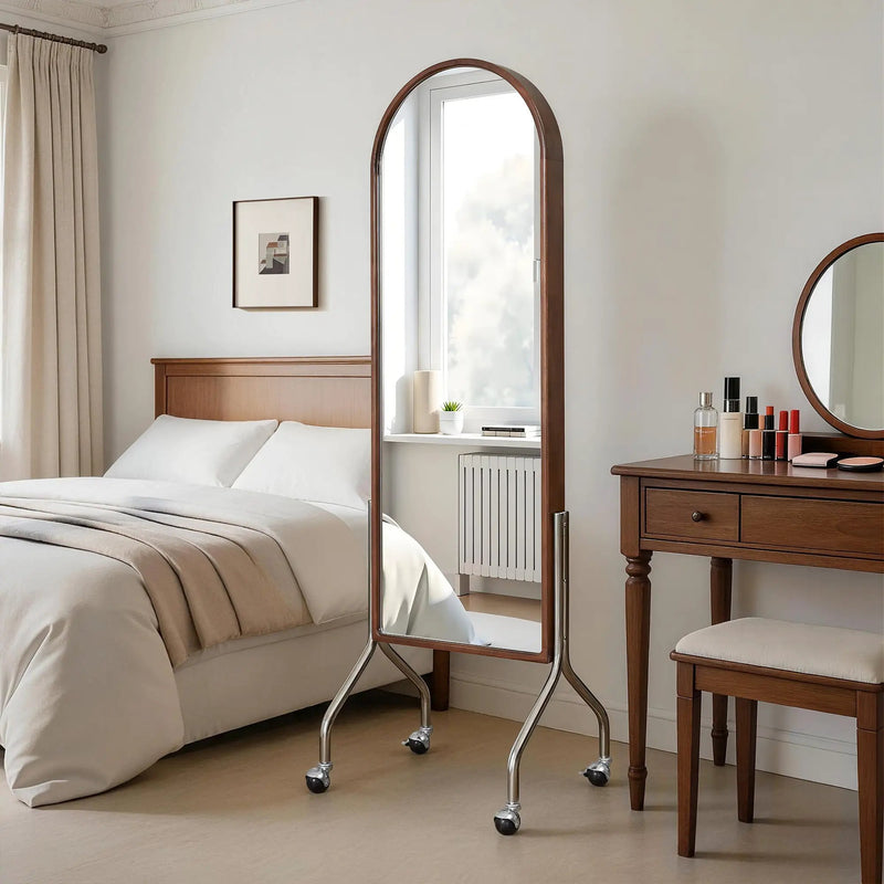 Arched Full Length Mirror with Storage Shelves & Wheels by HouseOfZazla