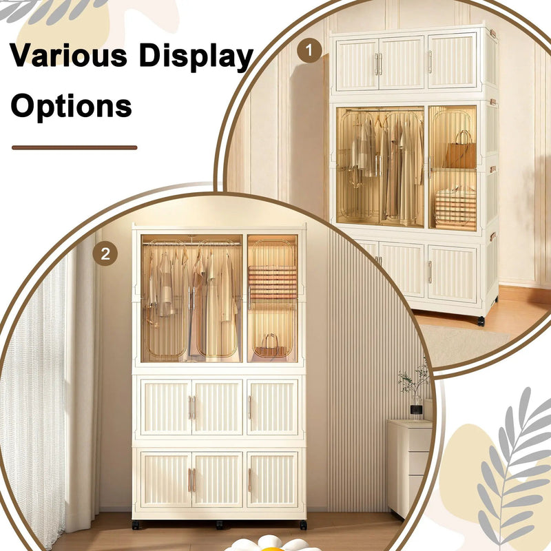 Portable Wardrobe Closet Storage Organizer With 9 Magnetic Doors - Cream White by Unique Piece Furniture