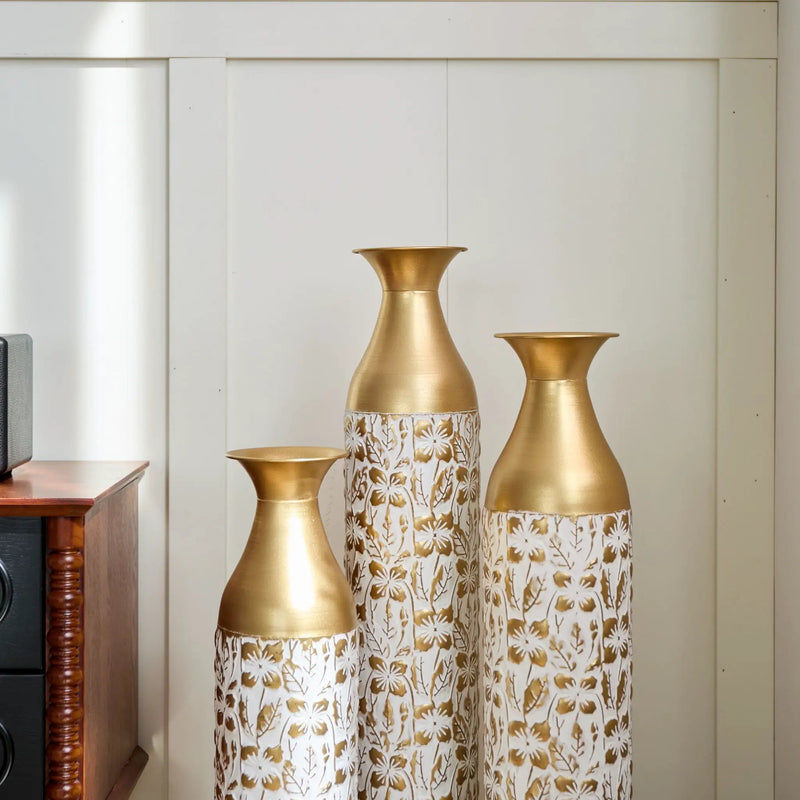 Mother's Day Gift Set Gilded White 3D Relief Flower Metal Vase Set - White / Gold by HouseOfZazla
