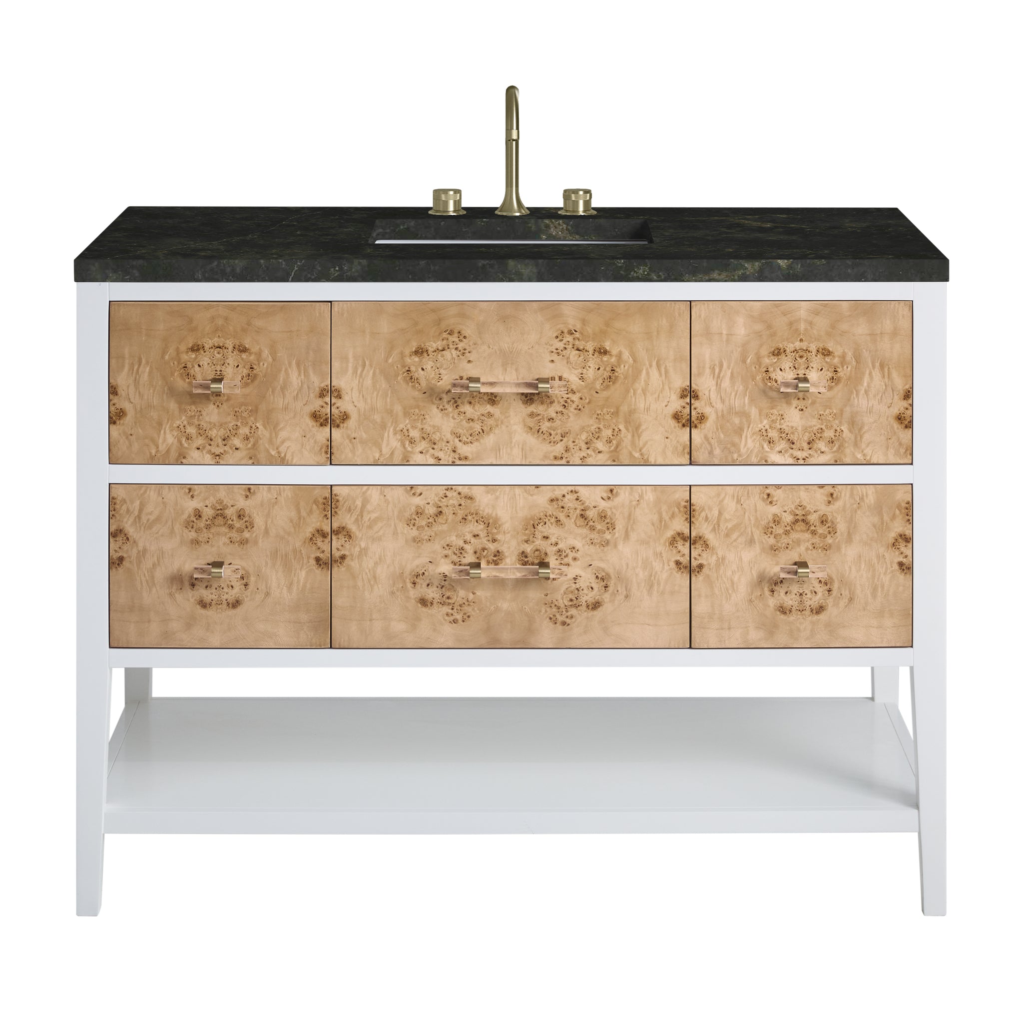 James Martin Olena 48" Single Bathroom Vanity, Polished White and Light Mappa Burl with Phantome countertop