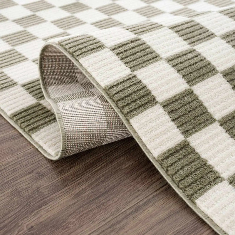 Kaysar Olive Green Checkered Washable Area Rug by Boutique Rugs