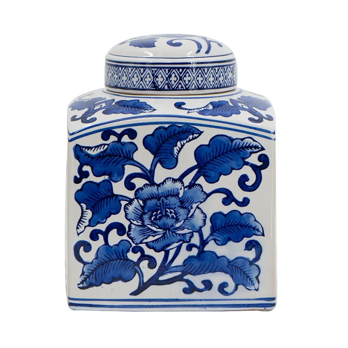 5x5x8' Hand Painted Square Canister with Blue and White Floral Pattern by HouseOfZazla