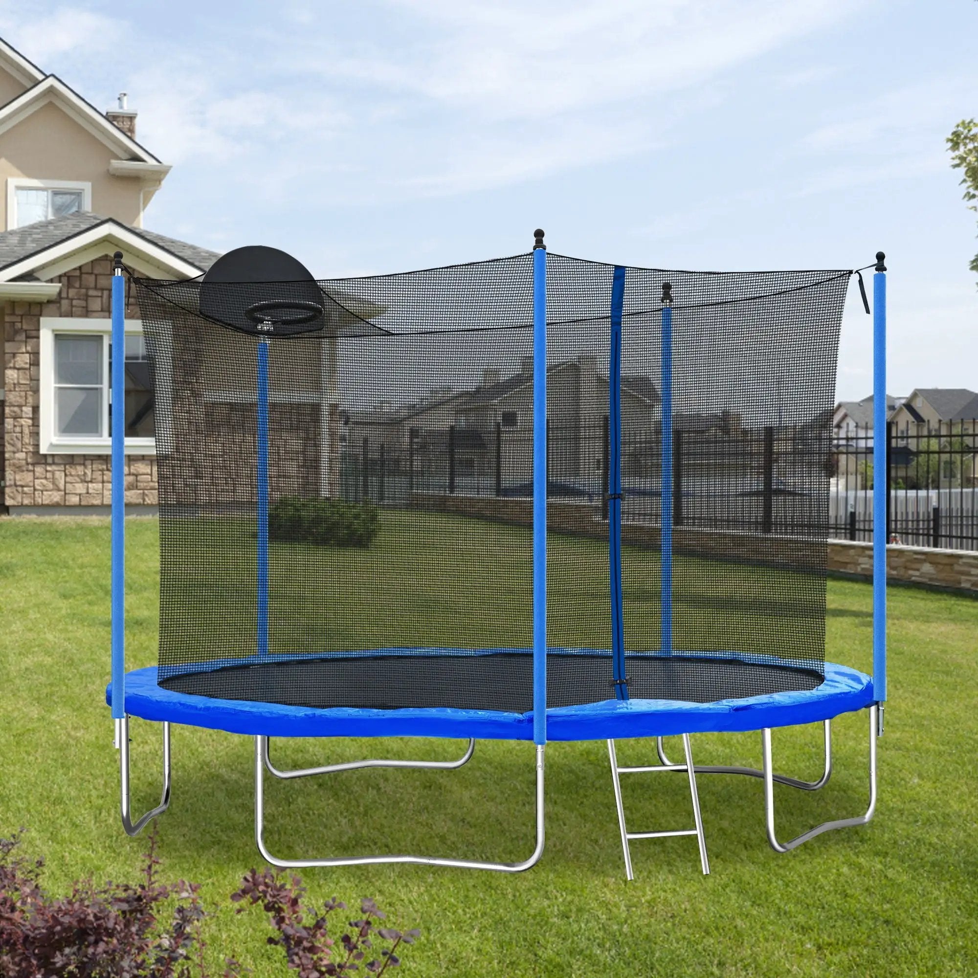 12Ft Trampoline For Adults & Kids With Basketball Hoop, Outdoor Trampolines With Ladder And Safety Enclosure Net For Kids And Adults - Blue by HouseOfZazla