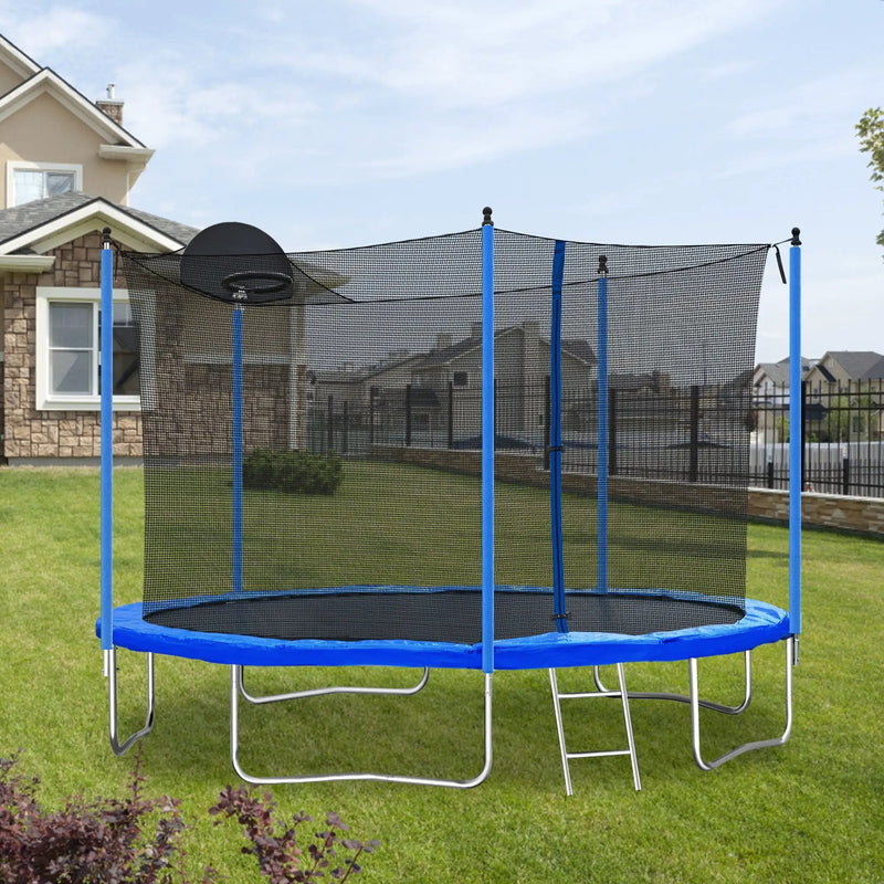 12Ft Trampoline For Adults & Kids With Basketball Hoop, Outdoor Trampolines With Ladder And Safety Enclosure Net For Kids And Adults - Blue by HouseOfZazla