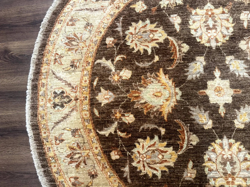 Round Pakistani Rug 6x6, Brown and Beige, Floral, Peshawar Rug, Traditional by Jewel Rugs