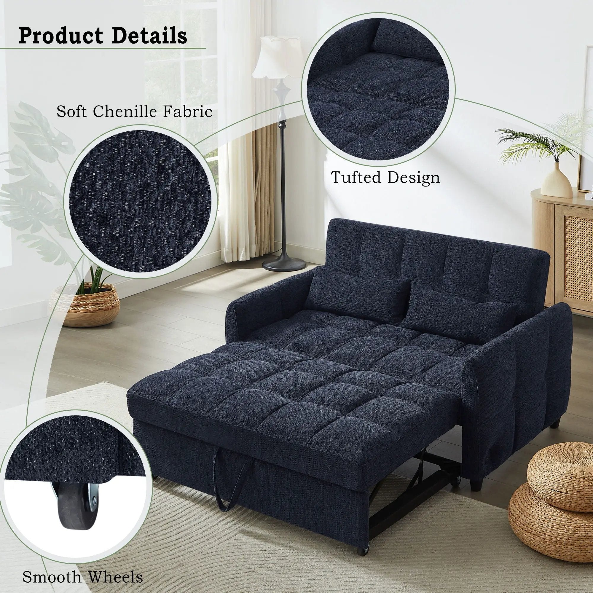 Loveseat Sofa Pull-Out Bed With Adjustable Backrest, 3 USB Ports And 2 Lumbar Pillows For Living Room by HouseOfZazla