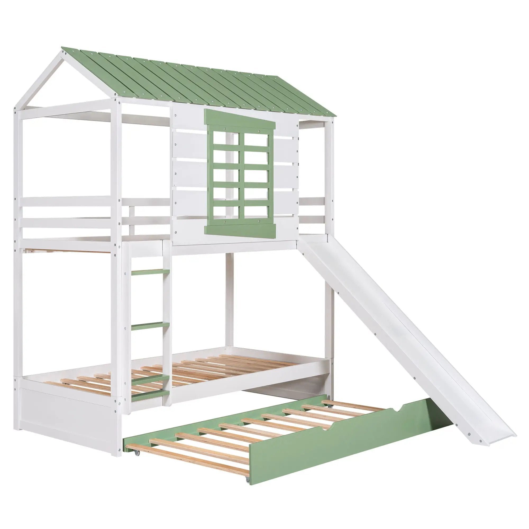 Twin Over Twin House Bunk Bed With Convertible Slide And Trundle - White by HouseOfZazla