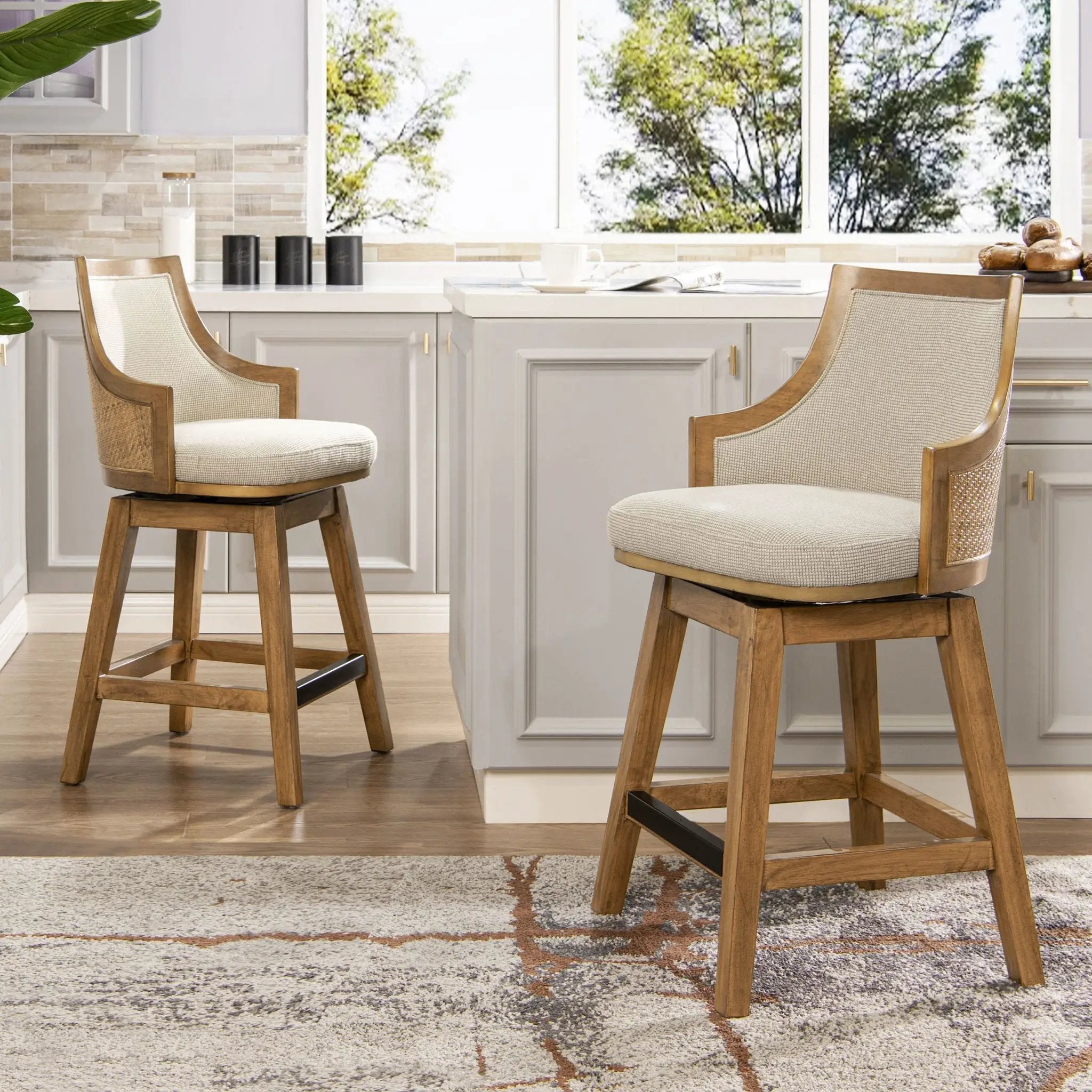 Bahama - Cane High Back Swivel Counter Stool With Recessed Arms Textured Weave - Taupe Beige by Unique Piece Furniture