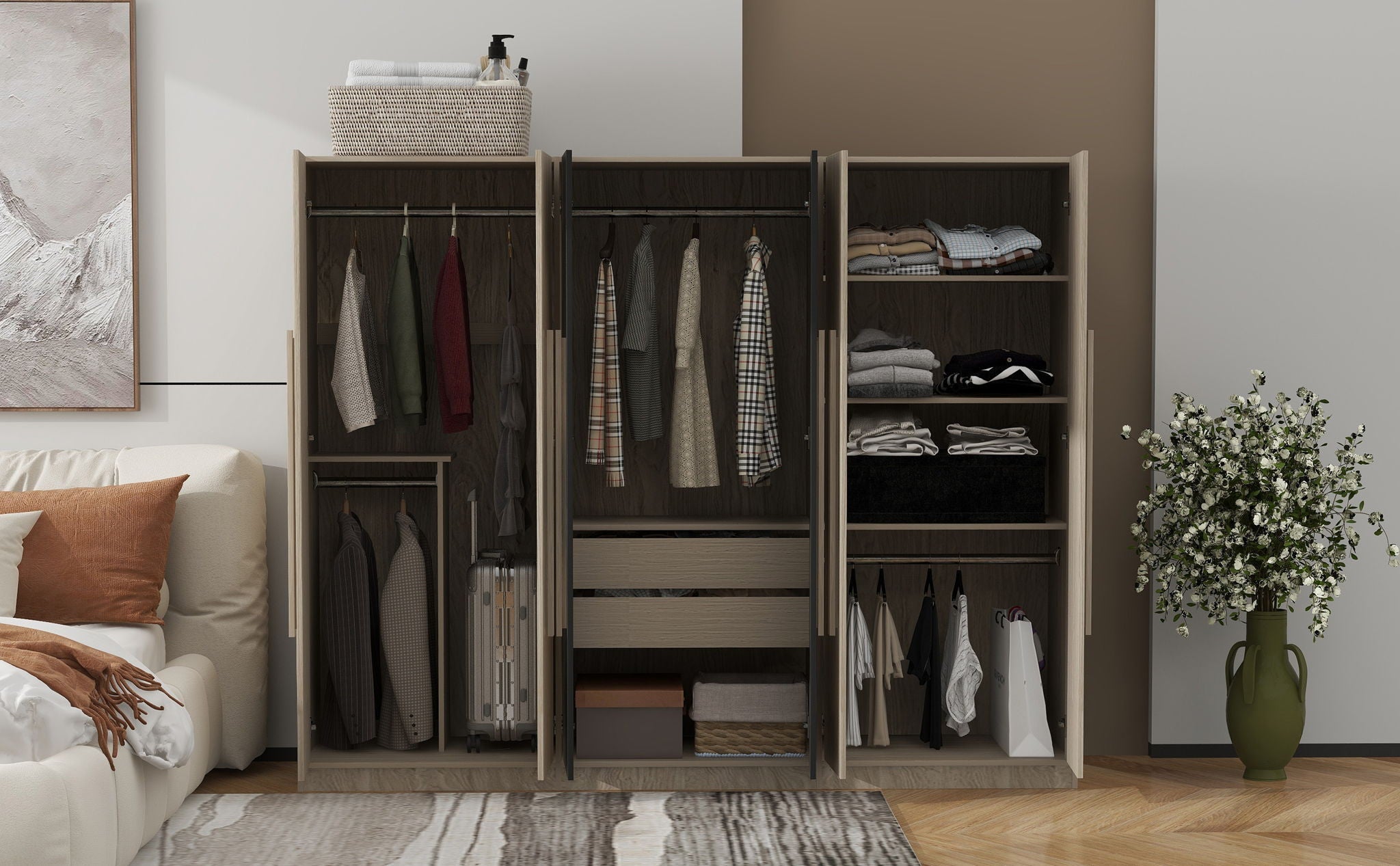 6 Doors Wardrobe Storage For Bedroom, With 2 Drawers Inside - Black / Nature by HouseOfZazla