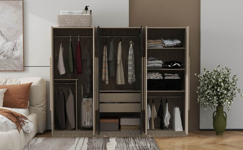 6 Doors Wardrobe Storage For Bedroom, With 2 Drawers Inside - Black / Nature by HouseOfZazla