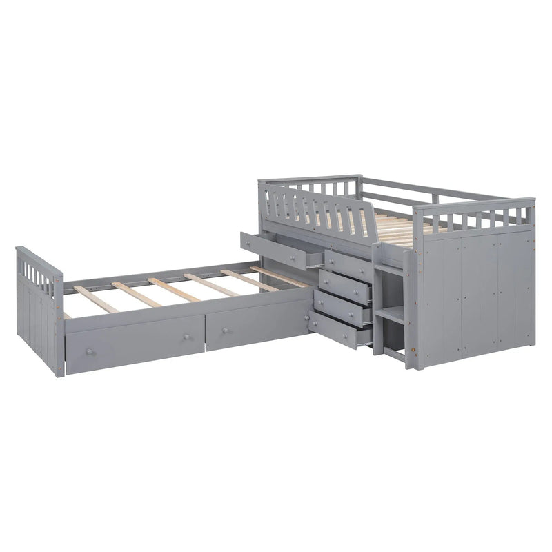Loft Platform Bed With 7 Drawers And Full Guardrails, Modern L Shaped Space Savin