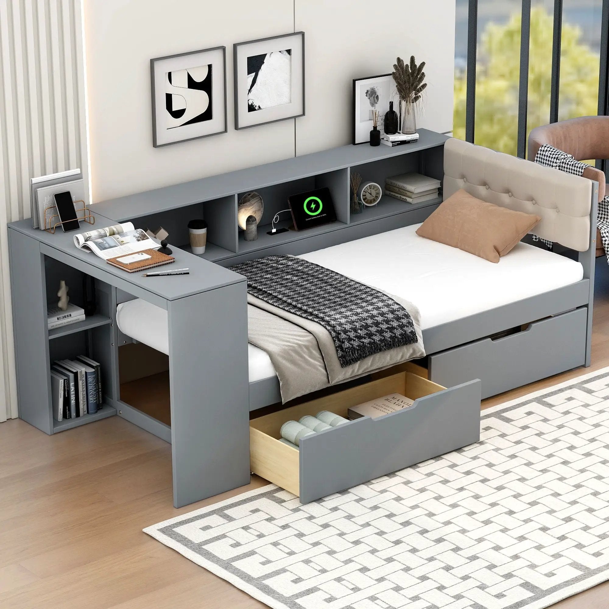 Upholstered Headboard Platform Bed With Storage Shelves, Drawers, Charging Station by Unique Piece Furniture
