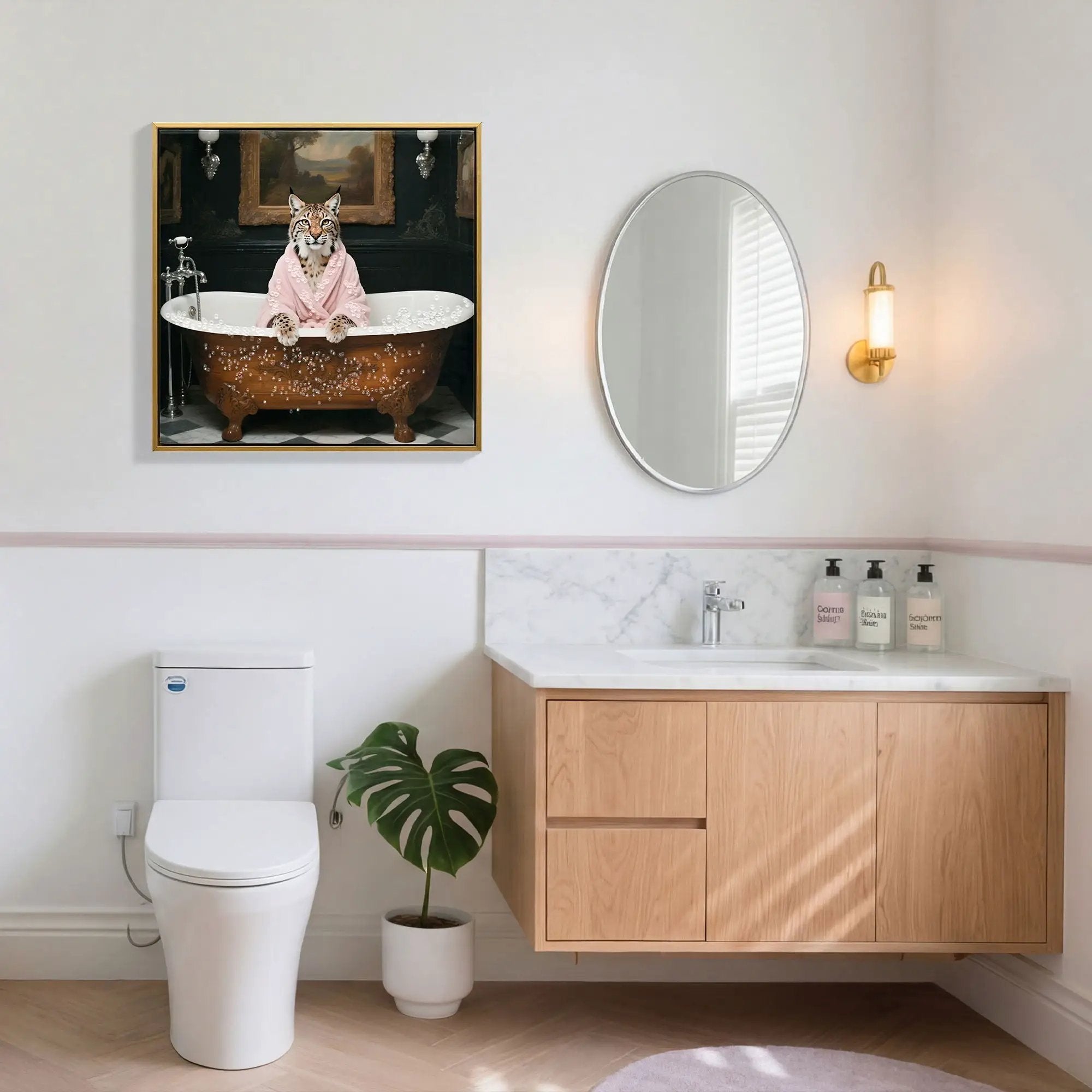 Tiger In Bathtub Wall Art Print Poster, Bathroom Decor Posters Prints For Restroom - Pink / White by Unique Piece Furniture
