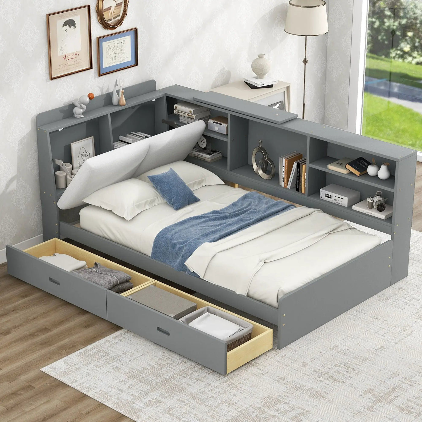 Platform Bed With Storage Headboard, Shelves And 2 Drawers by HouseOfZazla