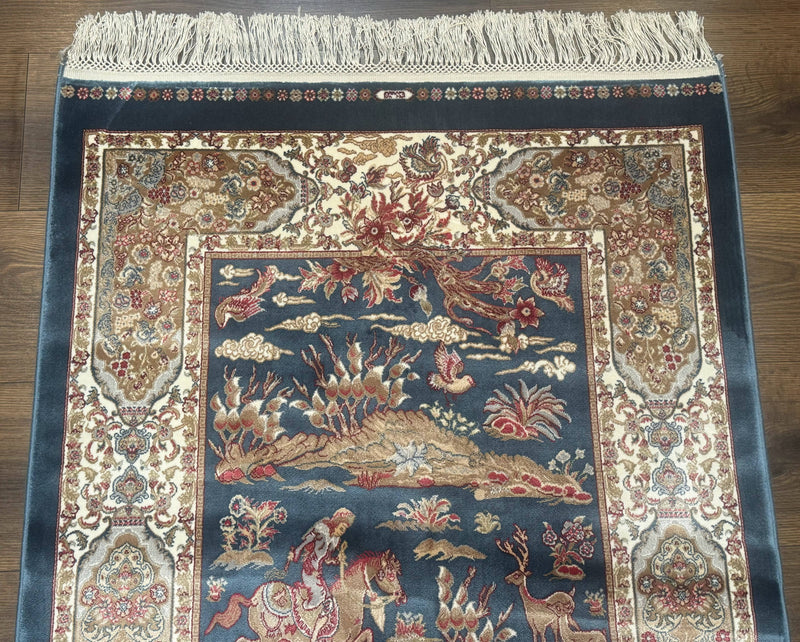 Turkish Silk Hunting Scene Rug 2.6 x 5, Dark Steel Blue & Ivory, Bamboo Silk, New by Jewel Rugs