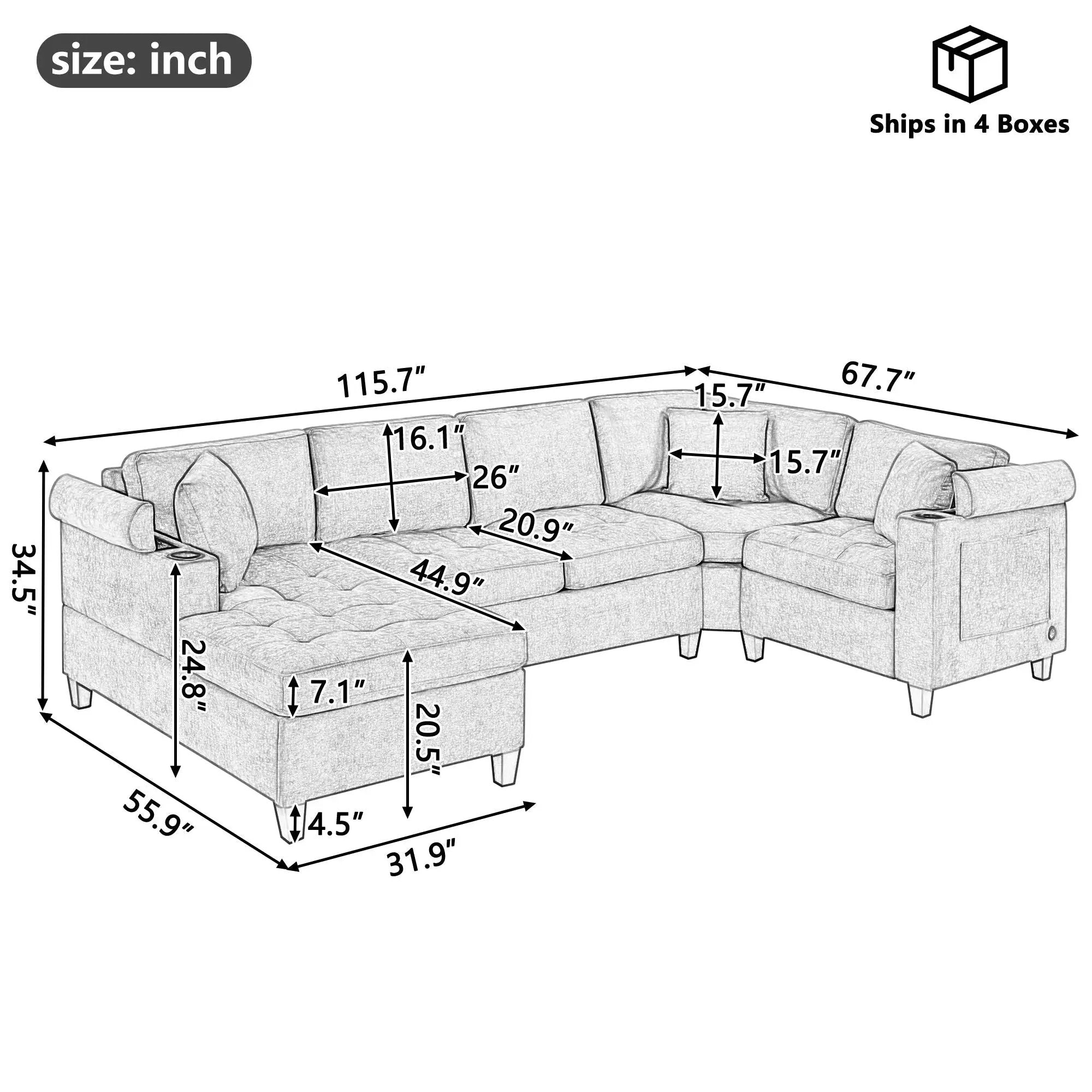 U Shaped Sectional Sofa, Corner Living Room Couch With Built In Cup Holders, Storage, USB Ports by Unique Piece Furniture