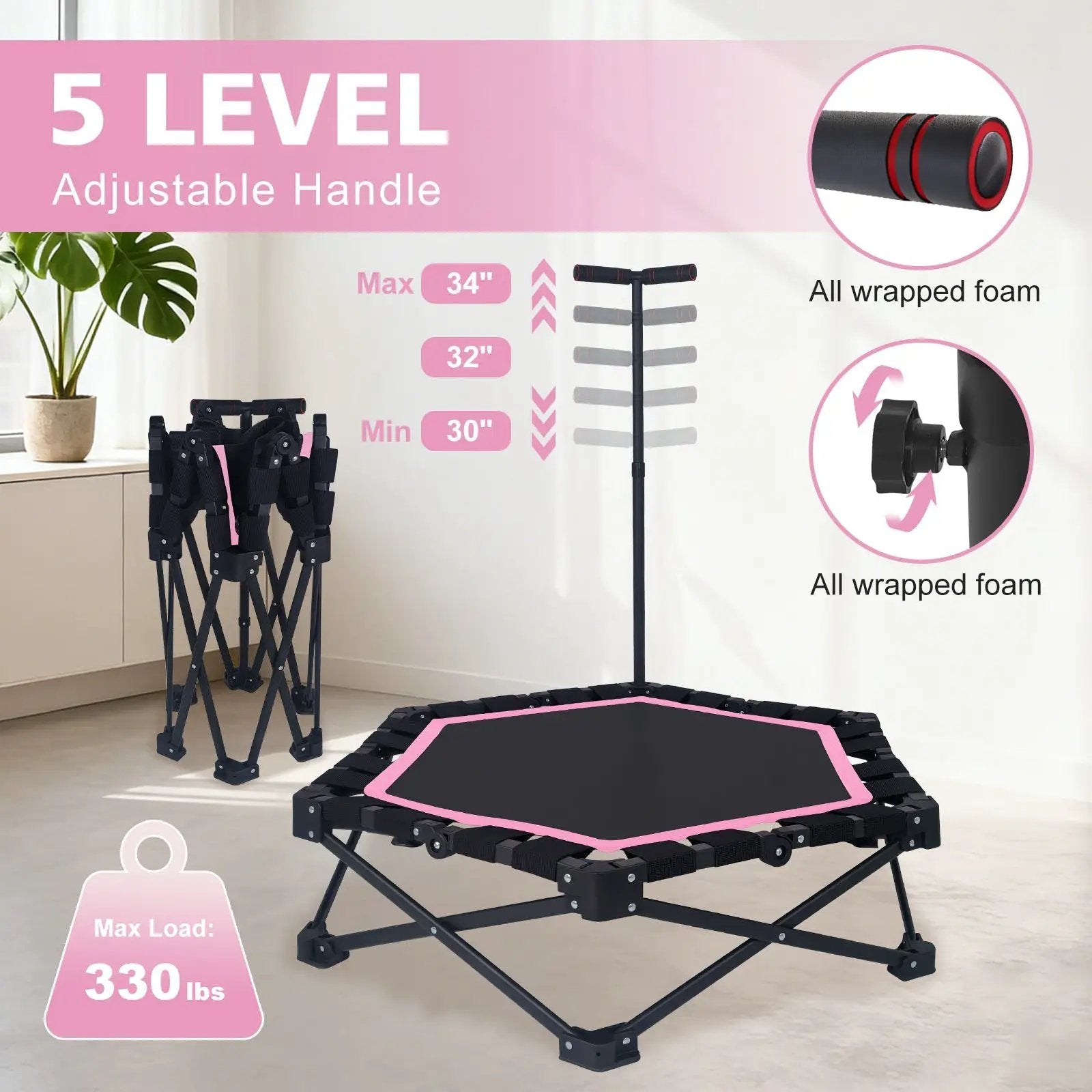 42" Foldable Mini Trampoline with Adjustable T-Bar by HouseOfZazla