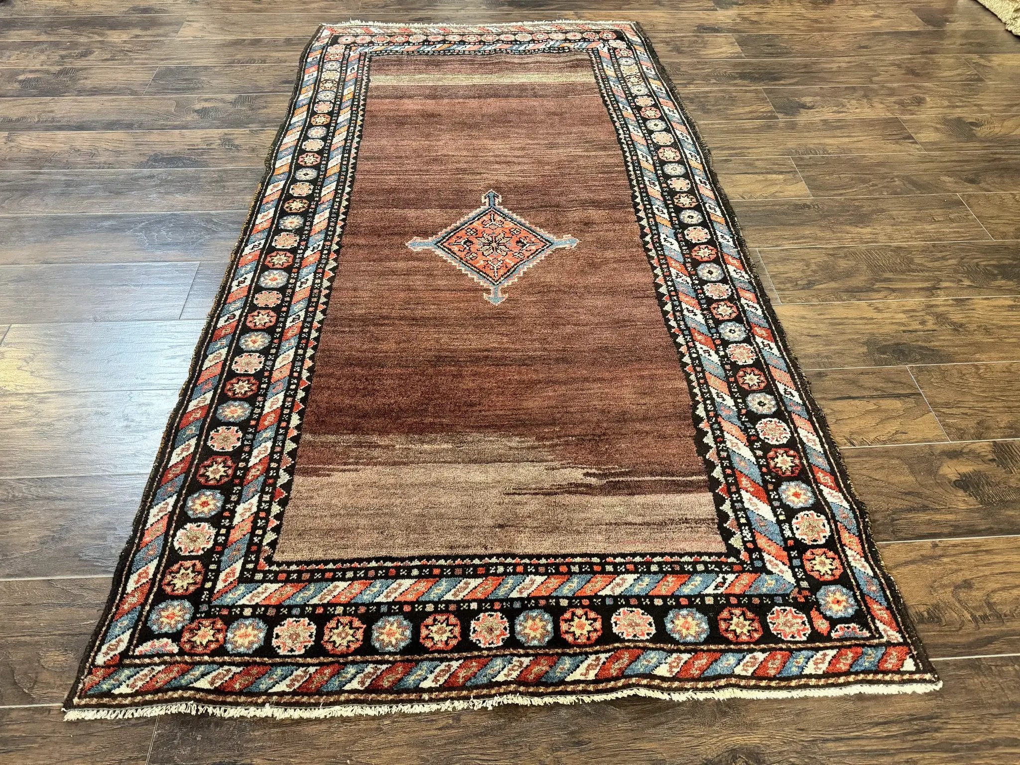 Antique Persian Rug 4x7, Sarab Tribal Wool Carpet, Brown and Multicolor, Handmade Wide Runner Rug 4 x 7, Open Field, Rainbow Border by Jewel Rugs