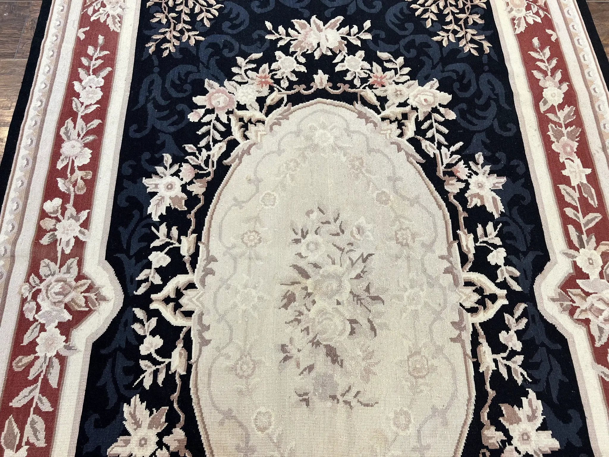 Needlepoint Rug 5x8, Wool Handmade Vintage European Design Carpet, Black & Maroon, French Aubusson Pattern Flatweave Rug by Jewel Rugs