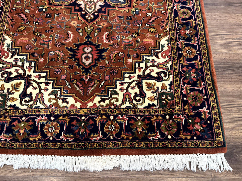 Indo Persian Heriz Rug 4x6, Rust Red Navy Blue and Cream by Jewel Rugs