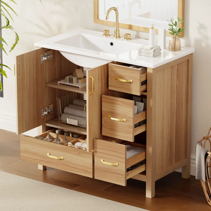 36" Bathroom Vanity, 2 Soft Close Doors, 4 Soft Close Drawers, Adjustable Shelf, Storage Cabinet - Acacia Wood by HouseOfZazla