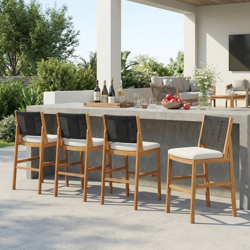 4 Pieces Arly Black Outdoor Bar Stool Solid Acacia Wood and Woven Wicker by HouseOfZazla
