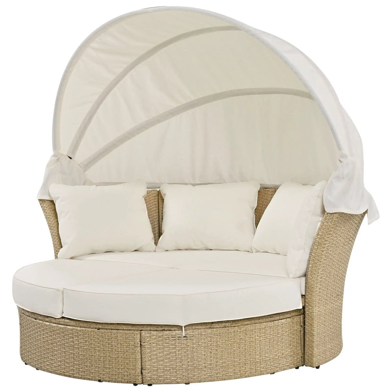 Outdoor Patio Daybed Wicker Rattan Double Daybed Round Sofa Furniture Set With Retractable Canopy, 4 Pillows For Lawn Garden by HouseOfZazla