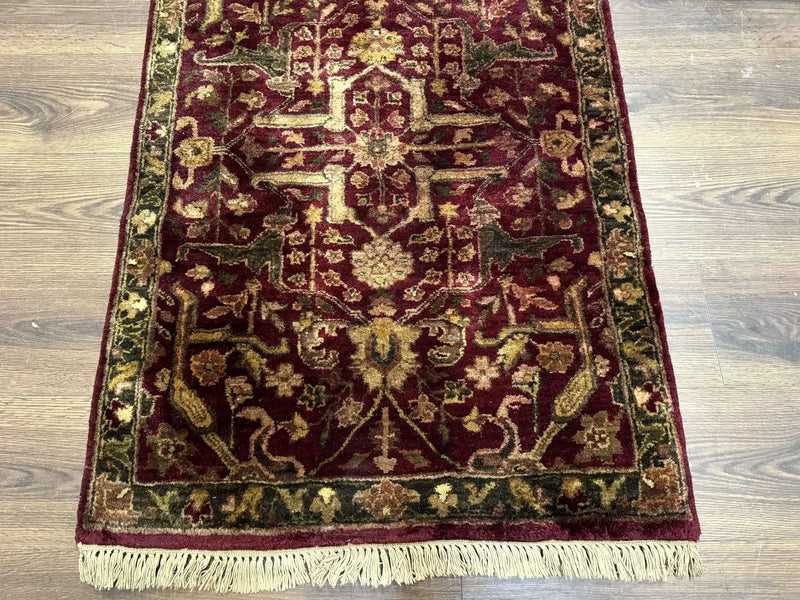 Indo Persian Runner Rug 2.7 x 13.8, Maroon, Wool, Handmade Indian Rug for Hallway by Jewel Rugs