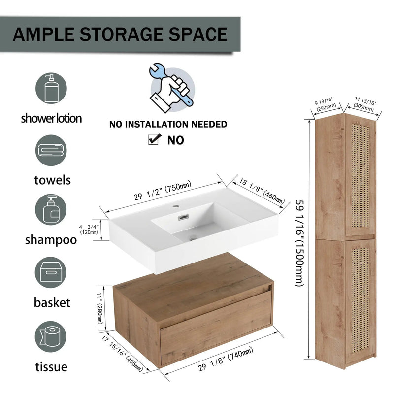 Modern Imitative Wall Mounted Bathroom Vanity With Resin Sink & 2 Side Cabinet, Soft Close Drawer - Imitative Oak by HouseOfZazla