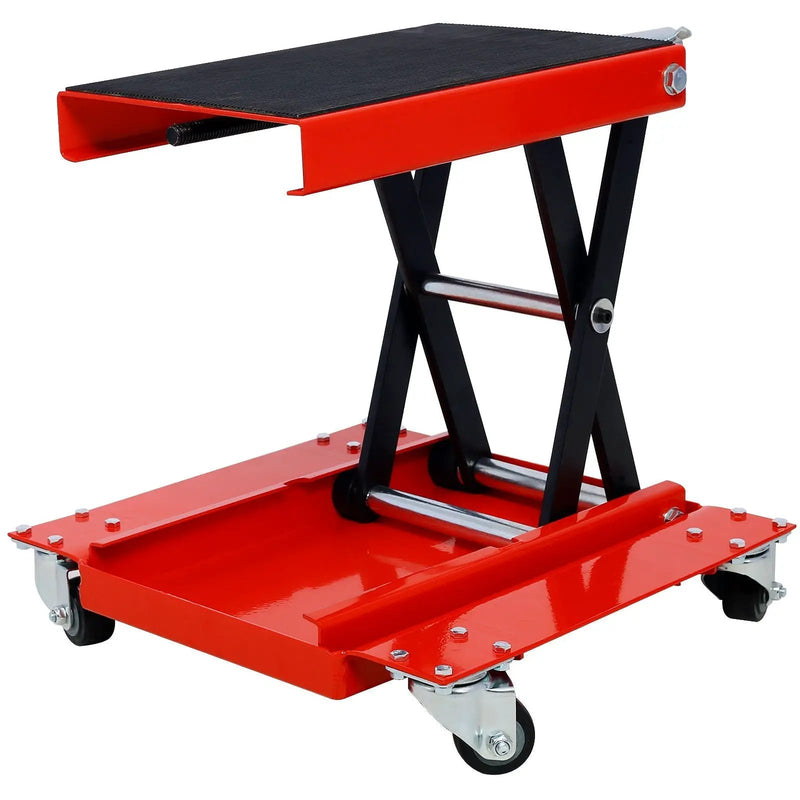 Heavy Duty Motorcycle Lift Jack With Dolly Tray And Wide Deck - Red by HouseOfZazla